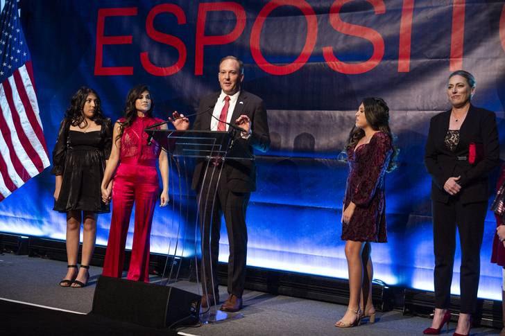 Rep. Lee Zeldin addresses supporters onstage at his election night party in midtown early Wednesday morning.